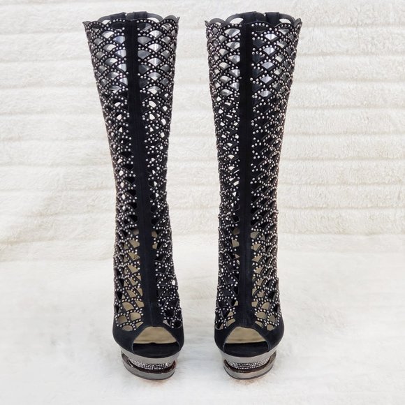 Fantasia Cutout Genuine Suede Rhinestone Boot 6" Heel Knee Boots - Picture 5 of 12